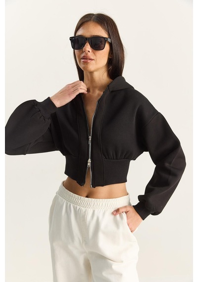 Shade Kadın Fermuarlı Kapüşonlu Belden Oturmalı Esnek Örme Crop Sweatshirt 60283858 - Siyah