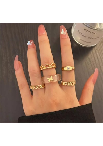 Girift Vintage Dubhe Gold 5 Adet Kelebek Detaylı Eklem Ve Yüzük Seti Altın