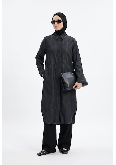 Armine Trend Konstrast Dikiş Detaylı Oval Kesim Tunik Antrasit 26yt442