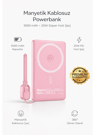 Y353s Powerbank 5.000 Mah Magnetıc Wıreless Pembe