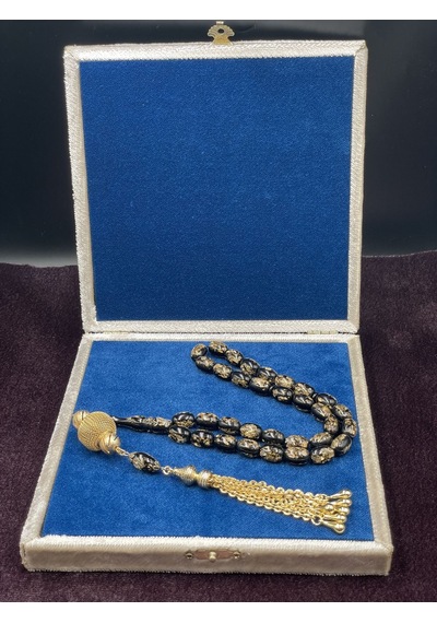 Gold Renkli Aksamlı Siyah Altın Varaklı Uçak Camı Tesbih 12x8 Mm