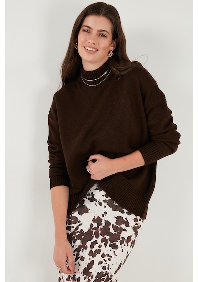 Lela Premium Oversize Fit Balıkçı Yaka Yumuşak Dokulu Triko Bayan Kazak 680Kz00469 Kahve