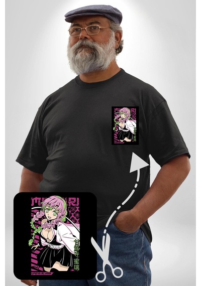 Angemiel Anime Demon Slayer Kimetsu No Yaiba Mitsuri Kanroji Siyah Büyük Beden Kadın Basic Minimal Baskılı Tişört Siyah