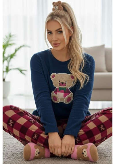 Siyah İnci Polar Kışlık Örme Pijama Takım 25222111 Lacivert