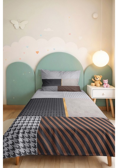 Gri Geometrik Genç Odası Tek Kişilik Pike Takımı - Antrasit Bakır 160x220 Cm Kapitone Yatak Örtüsü Kırık Nehir Harmonu