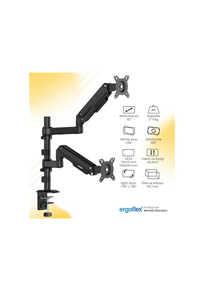 Ergoflex S16 Çift Kol 22-35inch Amortisörlü 2-9 Kg Monitör Standı 2026 Versiyon Gri