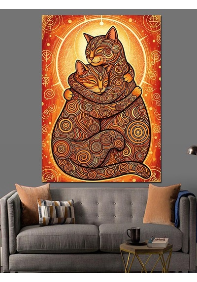 Ahşap Tablo Desenli Kedi Ve Yavrusu Sarılması