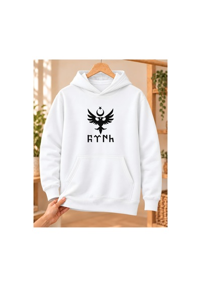 Mor Mürekkep Çift Başlı Kartal Ay Yıldız Ve Göktürk Yazısı Baskılı Kapüşonlu Sweatshirt - Beyaz