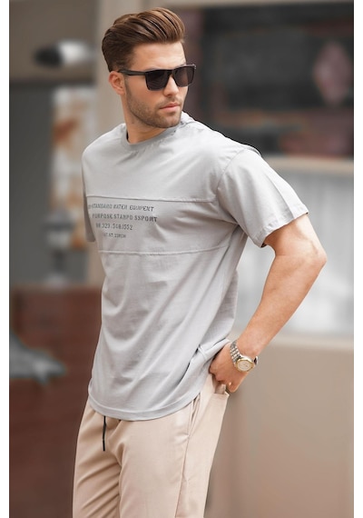 Madmext Boyalı Gri Oversize Bisiklet Yaka Baskılı Erkek Tişört 7018-boyalı Gri Boyalı Gri