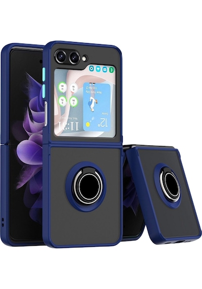 Samsung Galaxy Z Flip 7 FE Uyumlu Kılıf Yüzüklü Standlı Extra Koruma Sert Silikon Kapak-Lacivert