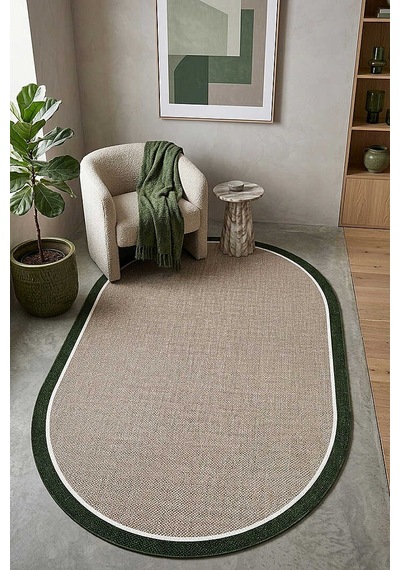Natura Sisal Hasır Görünümlü Çift Bordürlü Oval Halı Ntr37 Yeşil