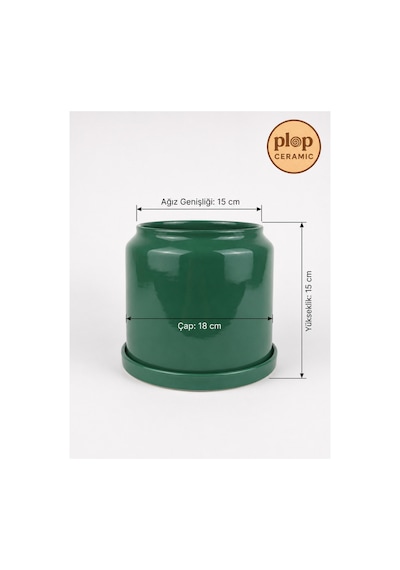 Drum Seramik Saksı Parlak Yeşil Jade Green Çap:18cm Yük:16cm Tabaklı