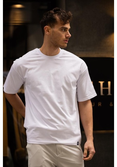 Gravel Oversize Bisiklet Yaka Pamuklu T-shirt - Beyaz Beyaz