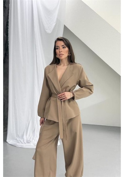 Neşeli Butik Vizon Kahverengi Kuşak Detaylı Oversize Şalvar Pantolon Blazer Ceket Takım Nbnp023 Neşeli Butik Vizon Kahverengi Kuşak Detaylı Oversize Şalvar Pantolon Blazer Ceket Takım Nbnp023