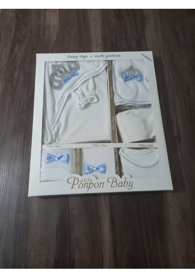 Ponpon Baby Petite Ponponbaby 10 Lu Hastane Çıkışı Seti Kraliçe Taçlı Mavi Beyaz - Mavi