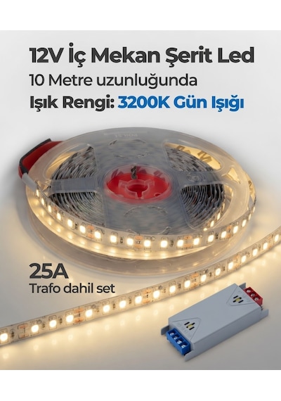 10 Metre 12v 3200k Gün Işığı Şerit Led + 12v 25a Slim Led Trafosu Hazır Set 10 Metre Gün Işığı