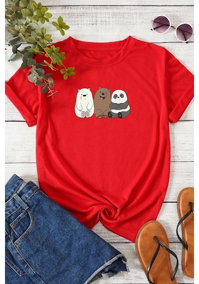 Uyguntarz Unisex Kafadar Ayılar Tasarım T-shirt Kırmızı