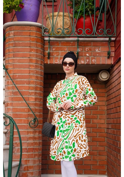 Polologin Butik Safari Desenli Hakim Yaka Uzun Tunik Yeşil Kahverengi