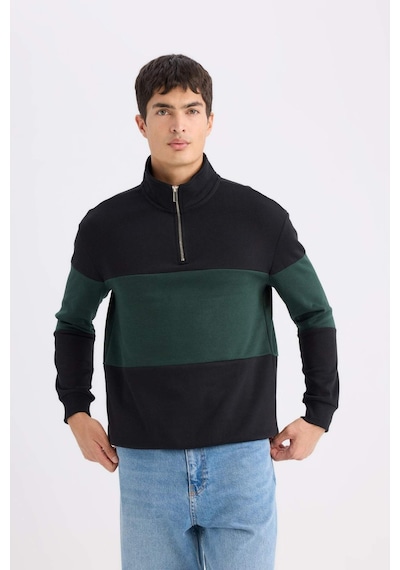 DeFacto Comfort Regular Fit Rahat Kalıp Dik Yaka Fermuarlı Çizgili Kalın Sweatshirt D2401AX24AUBK34