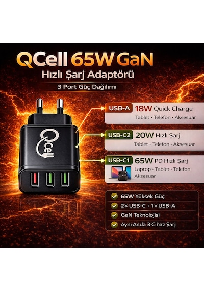 Qcell Super Fast Charger 3 Port 65 Watt Gan Siyah Adaptör Süper Hızlı Şarj