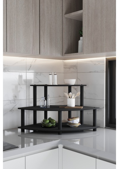 Dekoratif Oval Köşe 3 Katlı Tezgah Üstü Raf 50 Cm X 50 Cm Siyah Siyah
