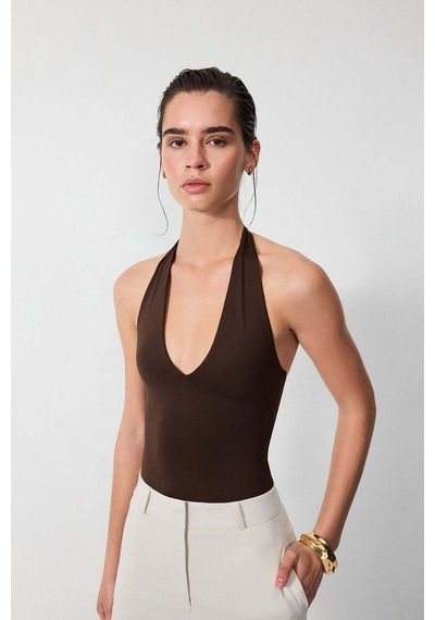 Vatkalı Derin V Yaka Bodysuit-16647 Kahverengi