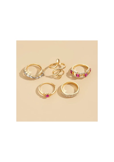 Solea - 5 Adet Parlak Pembe Taşlı Yılan Figürlü Tasarım Retro Şık Çoklu Gold Altın Yüzük Seti