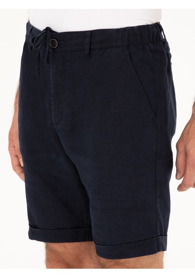 Cacharel Lacivert Regular Fit Beli Lastikli %100 Keten Şort
