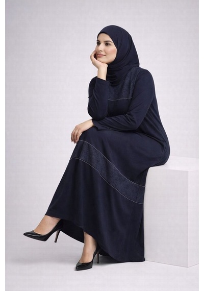 Hira Life Fashion Kadın Önü Desenli Taş Detaylı Düz Tessetür Elbise Lacivert Lacivert