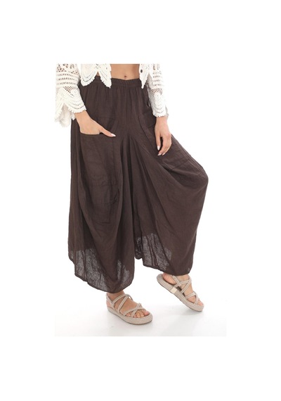 Bohem Stil İtalyan Cepli Keten Şalvar Pantolon Cmn00154 Kahverengi