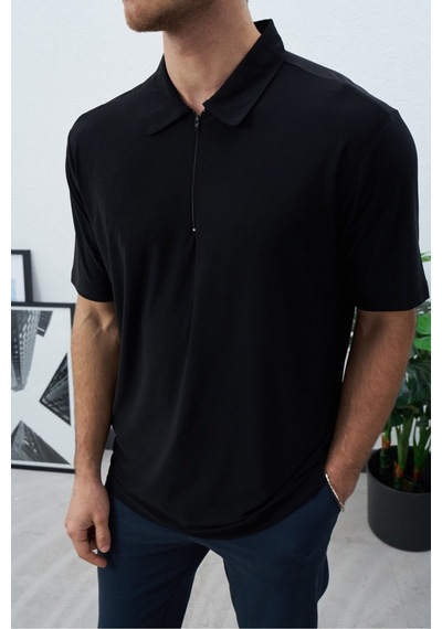 Baselco Polo Yakalı Fermuarlı Fresh Vizkon T-shirt - Tiril Tiril Esnek Siyah