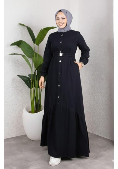 Hb Harma Time Butik Kadın Düğmeli Kuşaklı Denim Siyah Kot Elbise