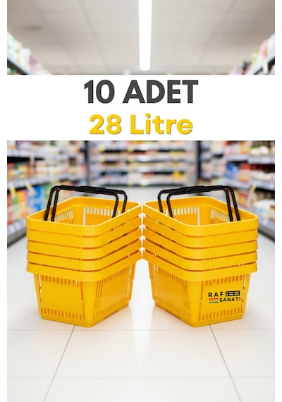 10 Adet - 28 Litre Plastik Market Alışveriş Sepeti Saplı Dayanıklı Market Mağaza El Sepeti Sarı