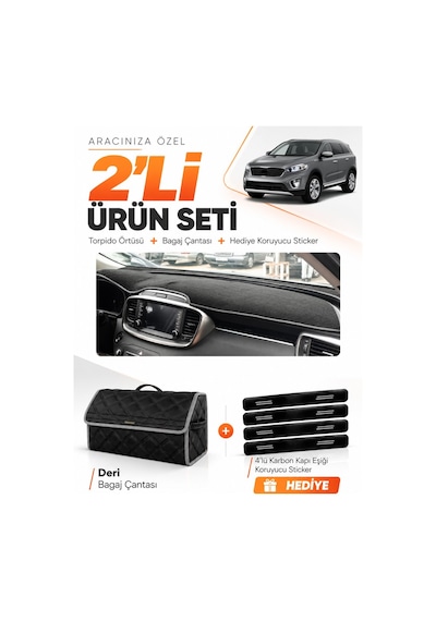 E-biz Kia Sorento 2015-2018 Uyumlu Torpido Örtüsü + Deri Bagaj Çantası Seti - Siyah-gri - Kı020