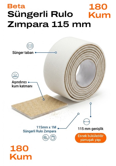115 Mm Süngerli Rulo Zımpara 180 Kum 1 Metre Esnek Yumuşak Tabanlı