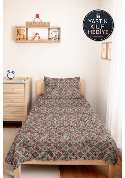 Bohem Geometrik Bej Tek Kişilik Pike Takımı - Mavi Gül Kurusu Otantik Yazlık Yatak Örtüsü 160x220 Cm Kırık Ufuk Çizgisi