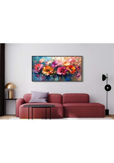 Yağlı Boya Dokulu Tablo Modern Renkli Yatay Çiçekler Siyah Çerçeveli U02044-178897