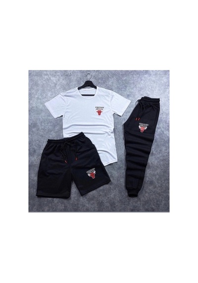Chicago Baskılı Beyaz - Siyah Slim Fit 3 Lü Takım Tişört - Şort - Eşofman Alt