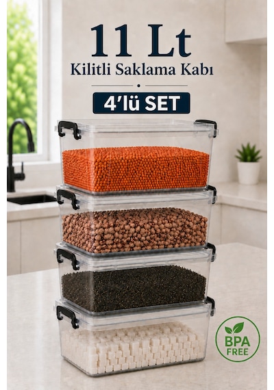 4'lü Set 11 Lt Kilitli Un Bakliyat Erzak Saklama Kabı Çok Amaçlı Düzenleyici Oyuncak Deterjan Kutusu