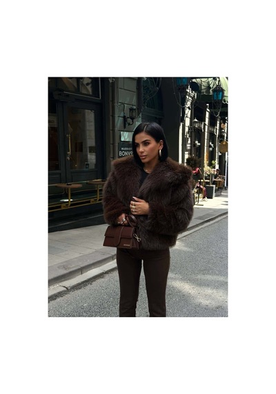 Glammoss L'atelier Kabarık Yaka Kürk Ceket Glm-579 Kahverengi Kahverengi