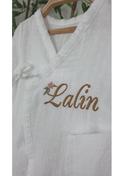 Gros Shop Müslin Yeni Doğan 4katlı Organik %100pamuk Kişiye Özgü Nakışlı Hastane Çıkış Seti-papatya Model1 Ekru