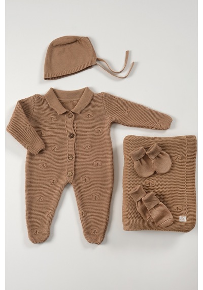 Tinylamb Premium Yenidoğan Bebek Triko Set 5 Parça Kahve - Premium Bebek Hediye Seti Kahverengi