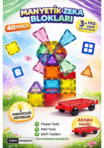 Arabalı 40 Parça 7.5 cm Büyük Boy Manyetik Blok Seti | Güçlü Mıknatıslı Zeka Geliştirici Eğitici Oyuncak