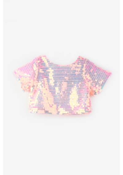 Le Mabelle Somon Pullu Kısa Kollu Kız Çocuk Crop Somon