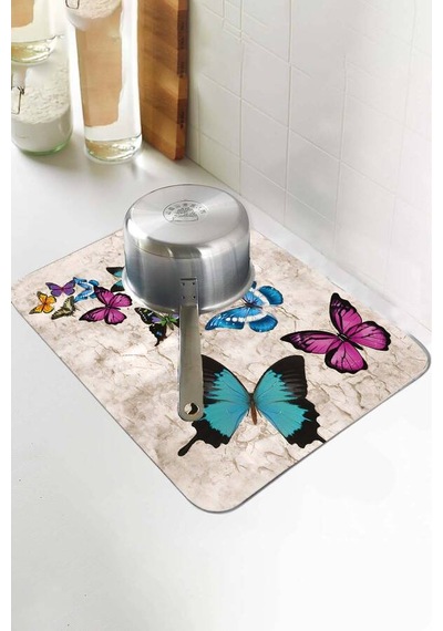 Çok Renkli Kelebekli Microfiber Bulaşık Kurutma Matı Mm027n11
