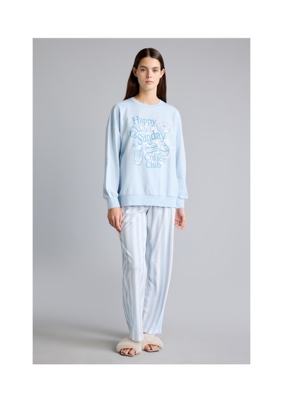 Defacto Regular Fit Uzun Kollu Baskılı Üst Çizgili Alt Pijama Takımı H8801ax26aube343 Mavi-be343