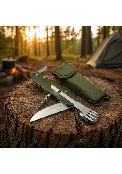 Knivox Çok Fonksiyonlu Paslanmaz Çelik Kamp Çakısı - Çatal Kaşık Açacaklı Outdoor Set Haki