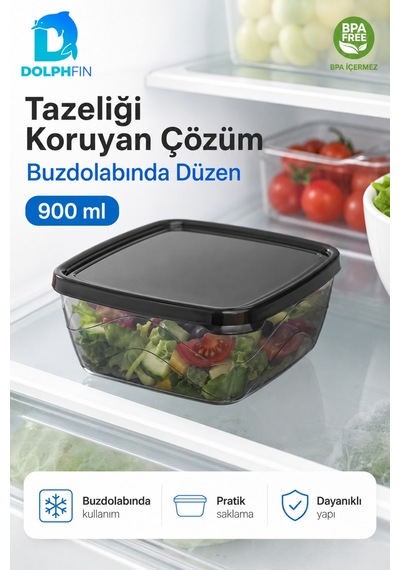 Kare Saklama Kabı 900 Ml Füme Şeffaf Siyah Kapaklı Buzdolabı Kabı Bpa İçermez