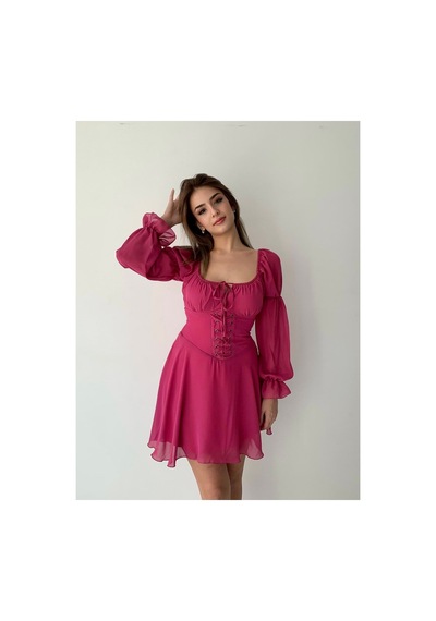 Munora Butik Kuşgözü Detaylı Şifon Fuşya Elbise Fuşya Fuşya