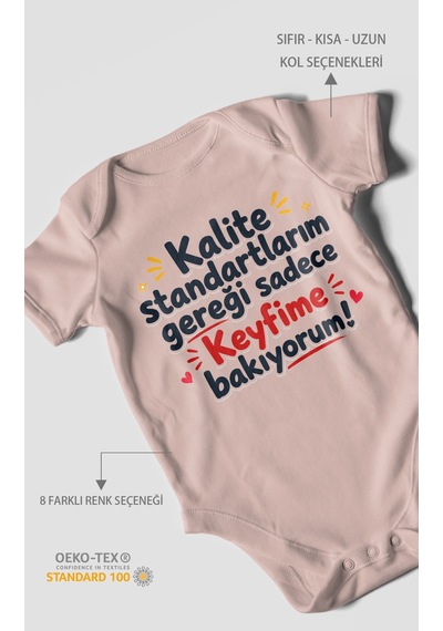 Morivokids Kalite Standartlarım Mesajlı Kısa Kollu Bebek Body %100 Pamuk Pastel Pembe